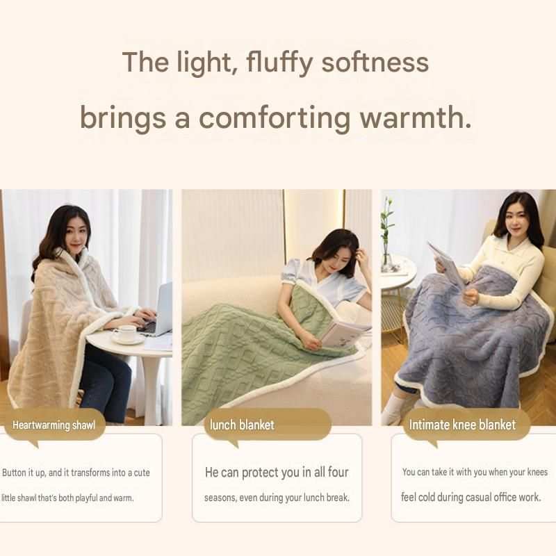 Office Comfort Gift Bundle featuring a fluffy beige shawl and green and gray quilted blankets with soft fleece lining