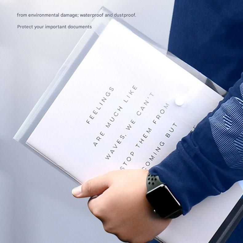 A4 Snap-Closure File Pouch with a clear plastic cover and white document, held at the snap edge