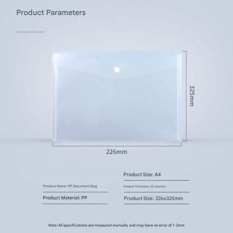 A4 Snap-Closure File Pouch in clear PP plastic with a translucent finish, white snap button and A4 size dimensions