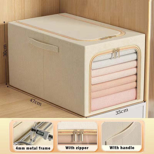 Khaki 49L Slim Foldable Clothes Storage Box in beige Oxford fabric, with a clear front zipper window, handle and metal frame