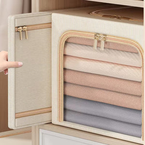 Khaki 49L Slim Foldable Clothes Storage Box in textured fabric, with a clear zippered front window and beige trim