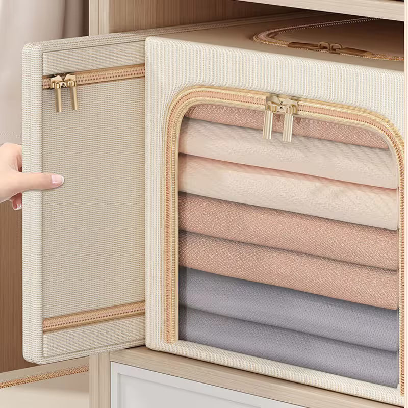 Khaki 49L Slim Foldable Clothes Storage Box in textured fabric, with a clear zippered front window and beige trim