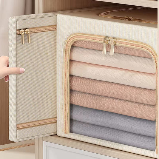 Khaki 49L Slim Foldable Clothes Storage Box in textured fabric, with a clear zippered front window and beige trim