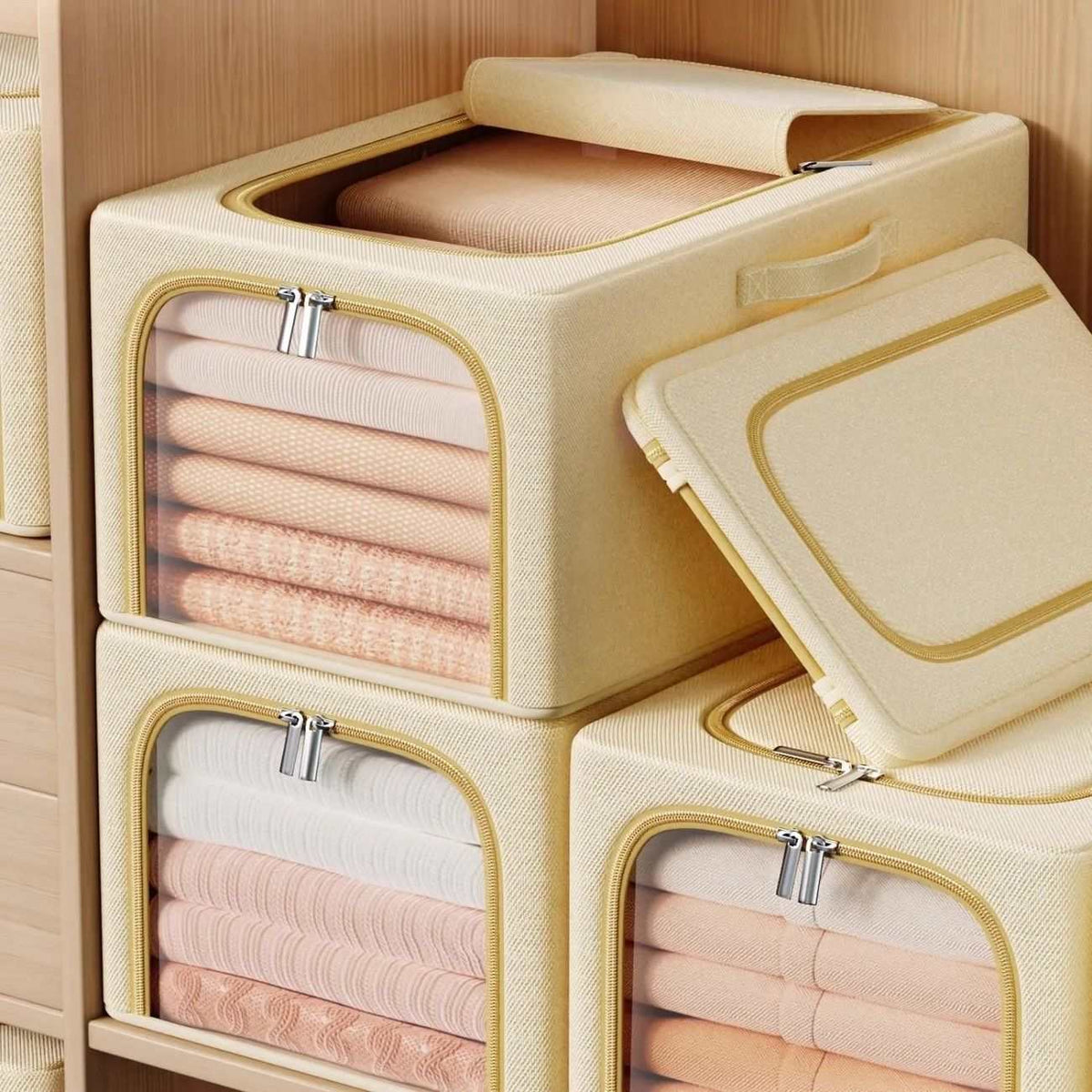 Khaki 49L Slim Foldable Clothes Storage Box in textured fabric, with clear zippered front windows, lid, and handles