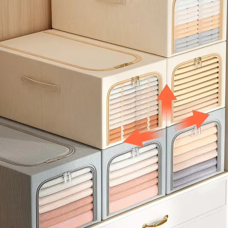Khaki 49L Slim Foldable Clothes Storage Box in beige fabric with a clear front window and zipper closure