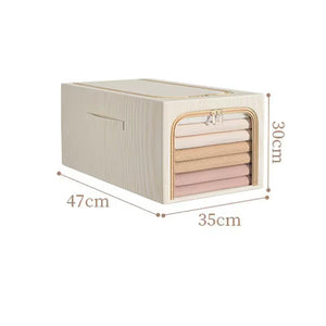 Khaki 49L Slim Foldable Clothes Storage Box in ribbed fabric with a clear zippered front window and folded clothes inside