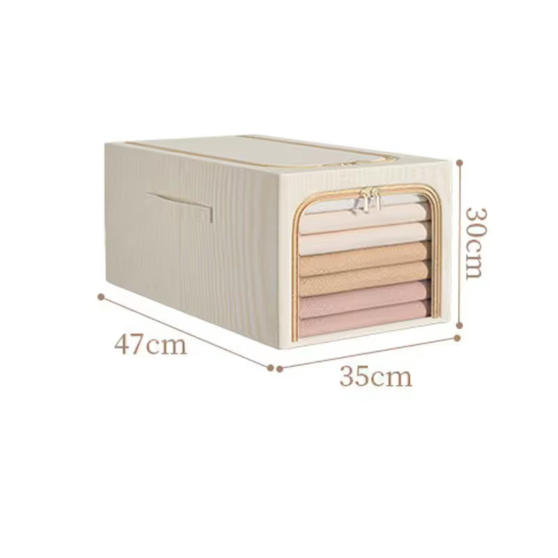 Khaki 49L Slim Foldable Clothes Storage Box in ribbed fabric with a clear zippered front window and folded clothes inside