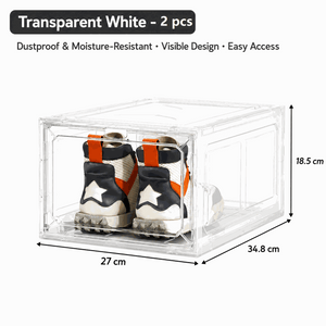 Stackable Magnetic Shoe Storage Box in clear white plastic, with a front-opening door displaying a pair of high-top sneakers