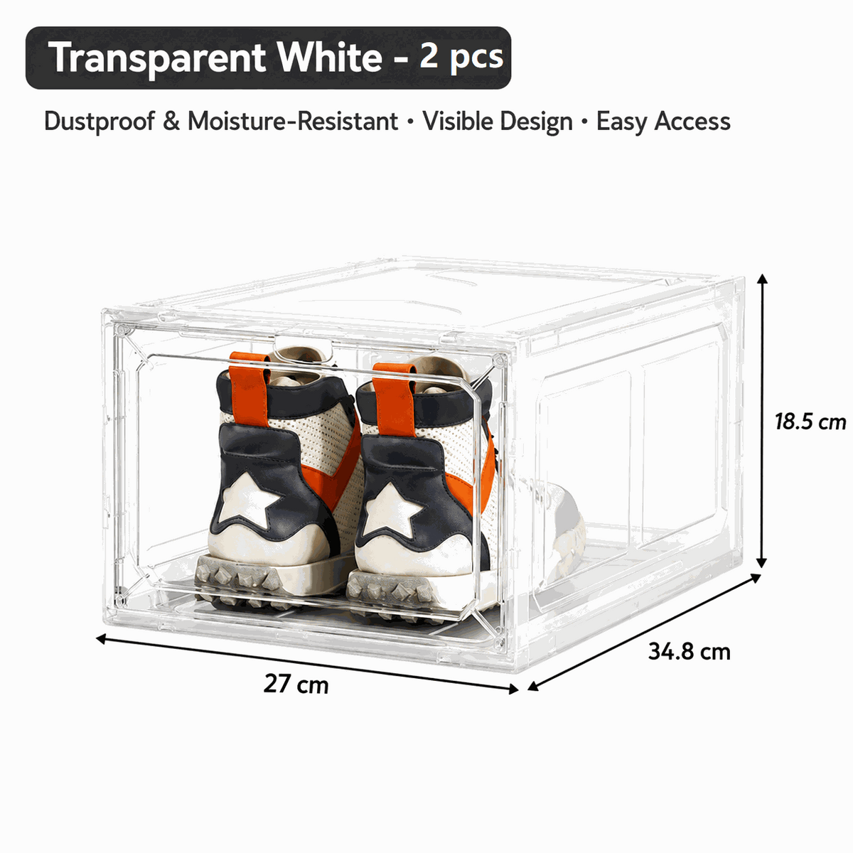 Stackable Magnetic Shoe Storage Box in clear white plastic, with a front-opening door displaying a pair of high-top sneakers