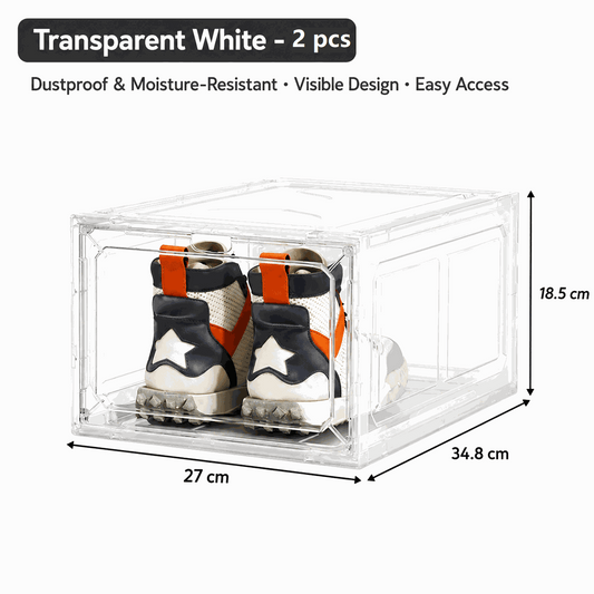Stackable Magnetic Shoe Storage Box in clear white plastic, with a front-opening door displaying a pair of high-top sneakers