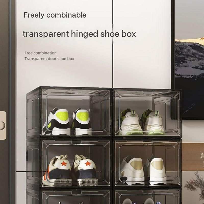 Stackable Magnetic Shoe Storage Box in clear smoke-grey plastic, with front-opening panels arranged in a stack holding sneakers
