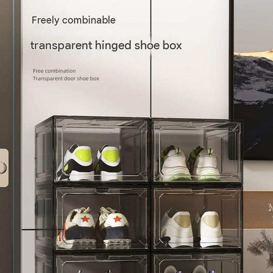 Stackable Magnetic Shoe Storage Box in clear smoke-grey plastic, with front-opening panels arranged in a stack holding sneakers