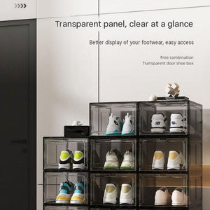 Stackable Magnetic Shoe Storage Box set with clear front-opening plastic panels, stacked to display sneakers and shoes.