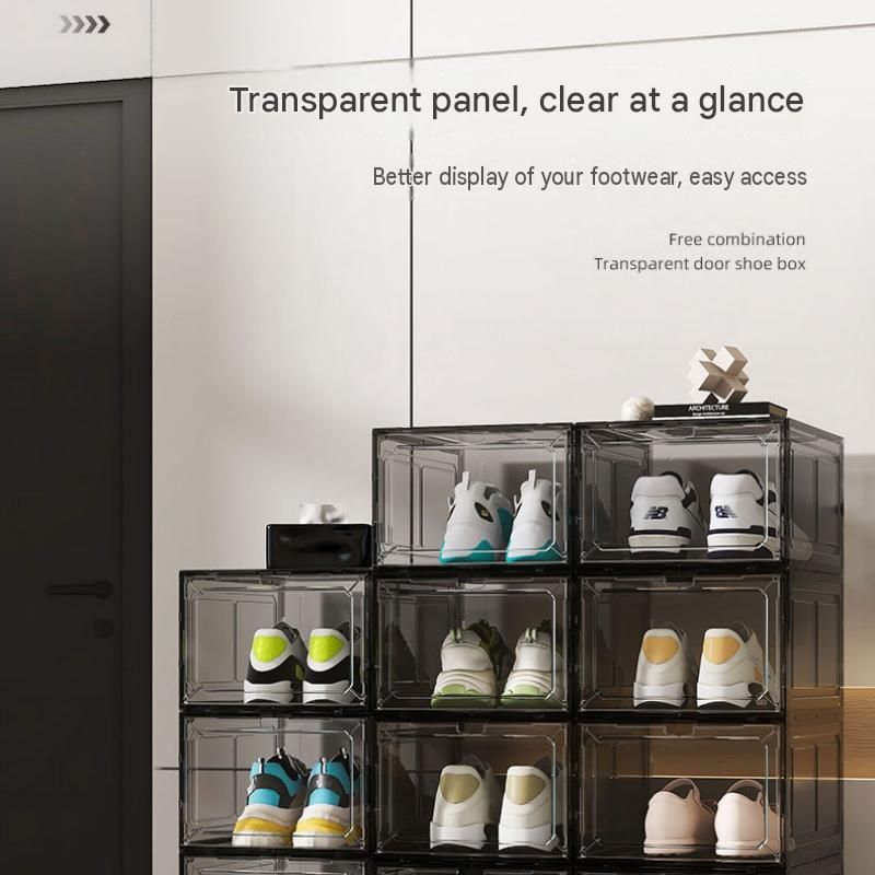 Stackable Magnetic Shoe Storage Box set with clear front-opening plastic panels, stacked to display sneakers and shoes.