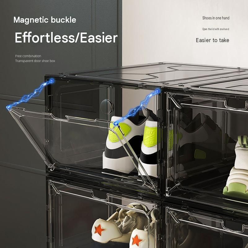 Stackable Magnetic Shoe Storage Box in clear black-tinted plastic, with front-opening magnetic doors and sneakers inside