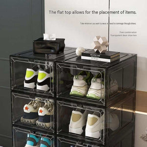 Stackable Magnetic Shoe Storage Box in transparent smoke-tinted plastic, with front-opening doors and visible sneakers