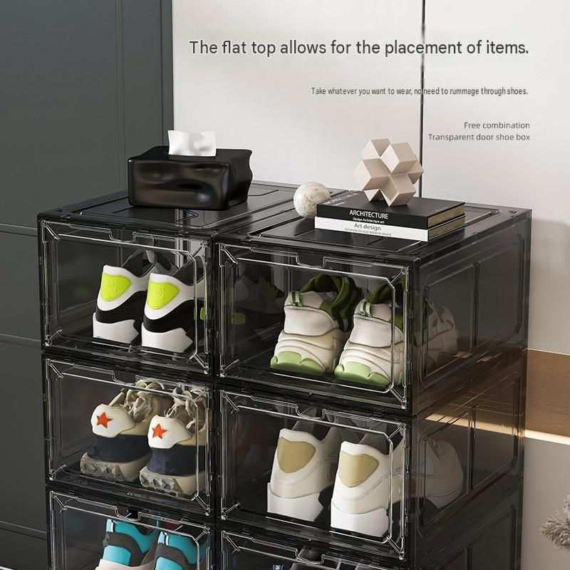 Stackable Magnetic Shoe Storage Box in transparent smoke-tinted plastic, with front-opening doors and visible sneakers