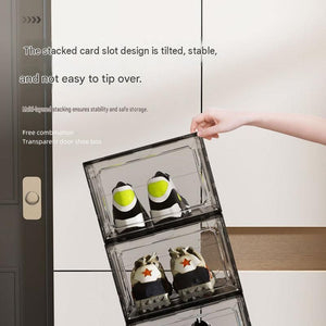 Stackable Magnetic Shoe Storage Box in clear plastic, showing three tilted front-opening compartments with sneakers inside