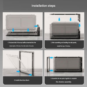 Stackable Magnetic Shoe Storage Box in transparent gray plastic, shown in four assembly steps with front-opening door panels
