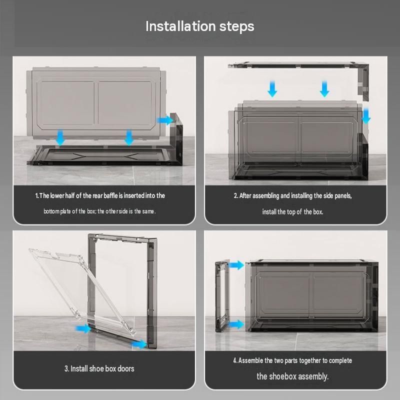 Stackable Magnetic Shoe Storage Box in transparent gray plastic, shown in four assembly steps with front-opening door panels