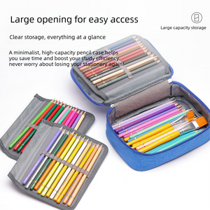 Large Capacity 72-Slot Pencil Case in grey fabric with blue edging, elastic loops and fold-out panels holding colourful pencils