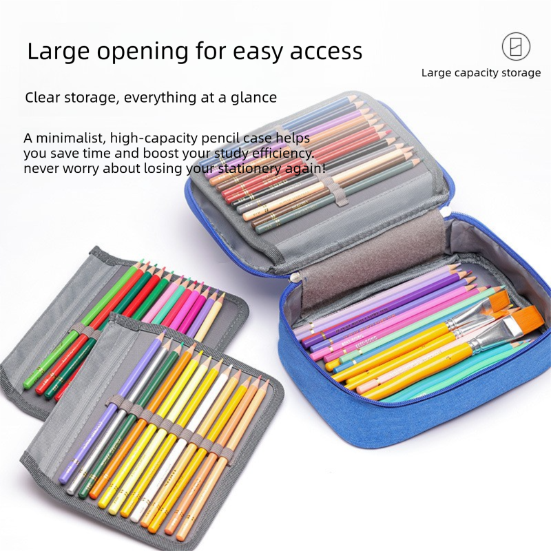 Large Capacity 72-Slot Pencil Case in grey fabric with blue edging, elastic loops and fold-out panels holding colourful pencils