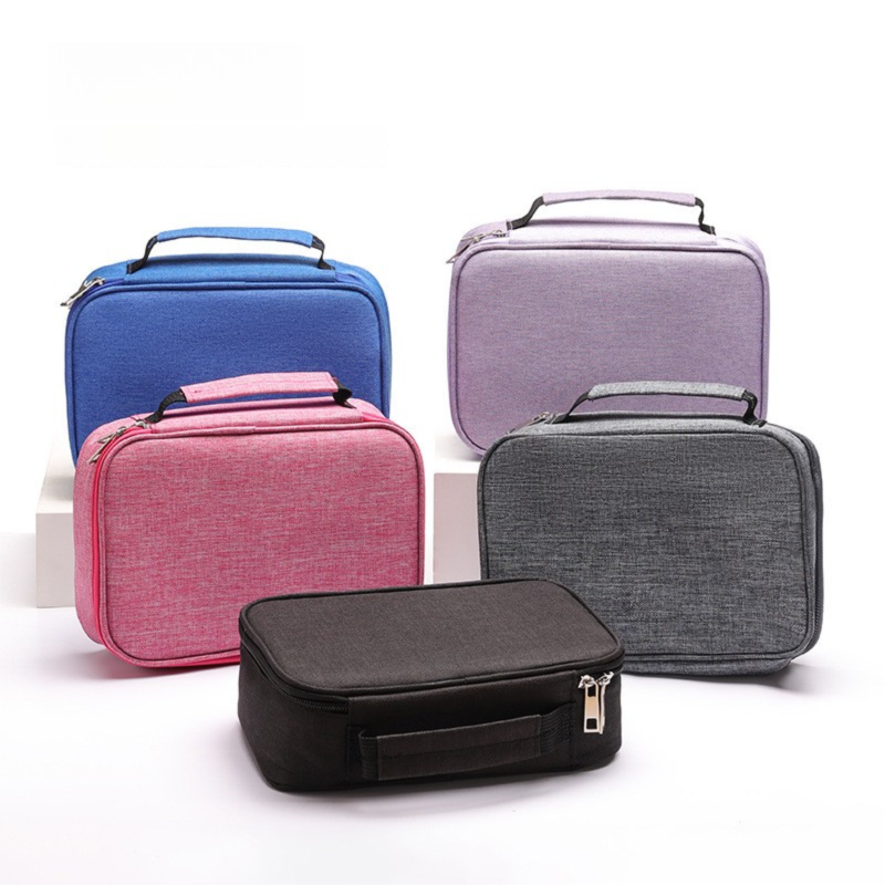 Large Capacity 72-Slot Pencil Case set in blue, pink, lilac, grey and black fabric, with zip closures and carry handles