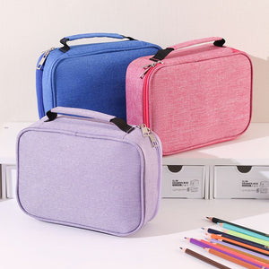 Large Capacity 72-Slot Pencil Case shown as a lavender fabric zippered organiser with a top carry handle