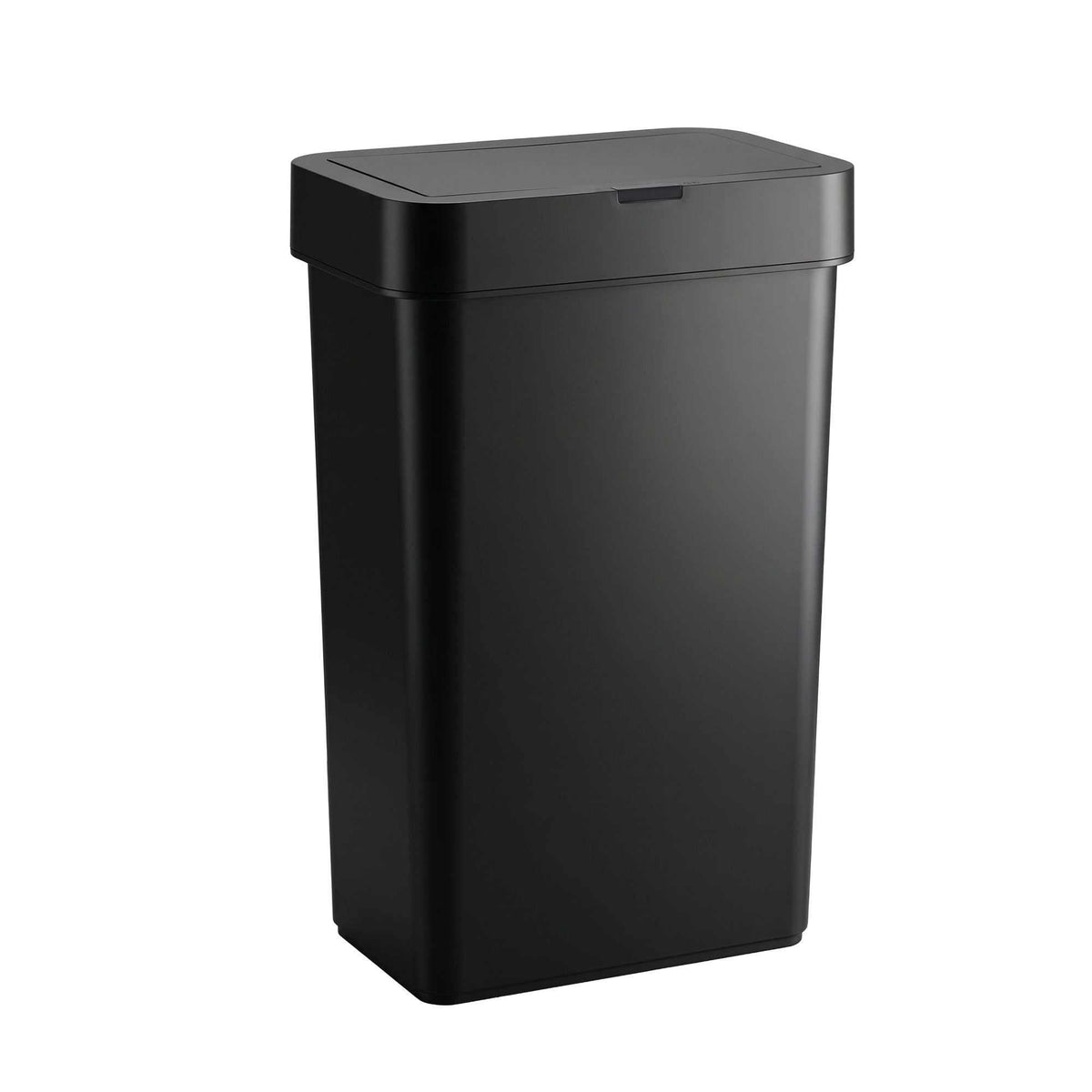 Sensor rubbish bin in black plastic with a slim rectangular body and broad motion-sensor lid