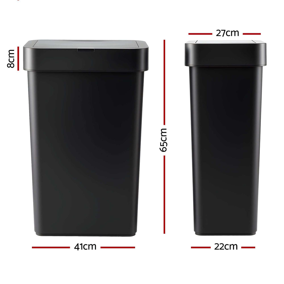 sensor rubbish bin in black plastic, tall rectangular body with a broad sensor lid and 50L capacity