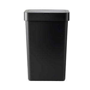 Sensor rubbish bin in sleek black plastic, with a slim rectangular body and wide automatic sensor lid