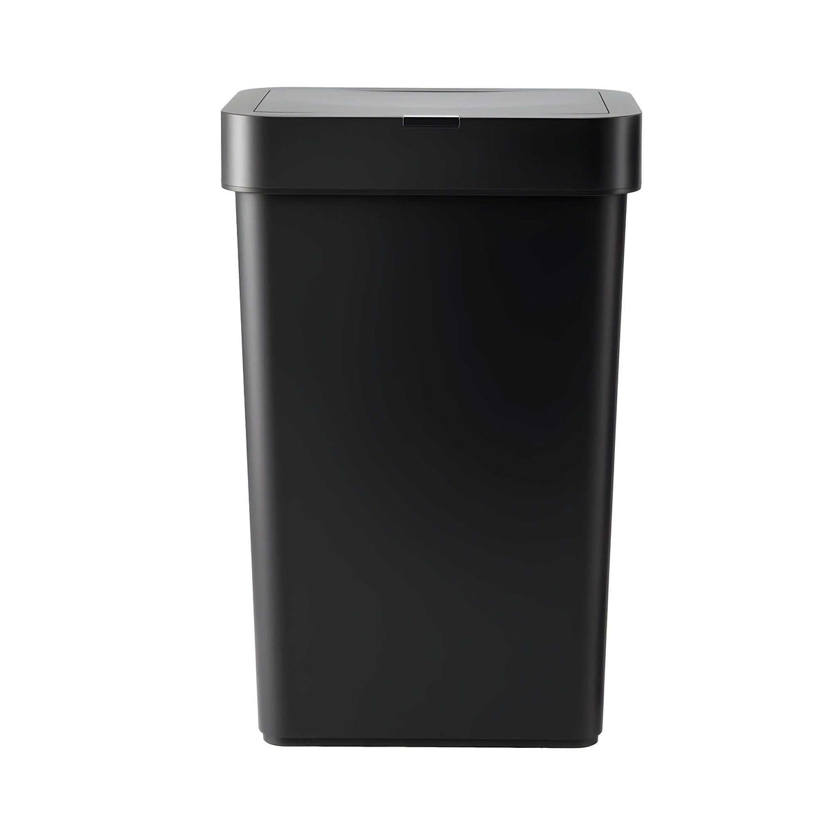 Sensor rubbish bin in sleek black plastic, with a slim rectangular body and wide automatic sensor lid