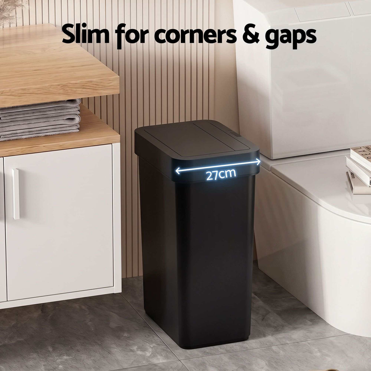 sensor rubbish bin in slim rectangular black plastic with a flat hinged lid and narrow 27 cm width