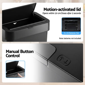 sensor rubbish bin with a black plastic body, open motion-activated lid and manual control buttons