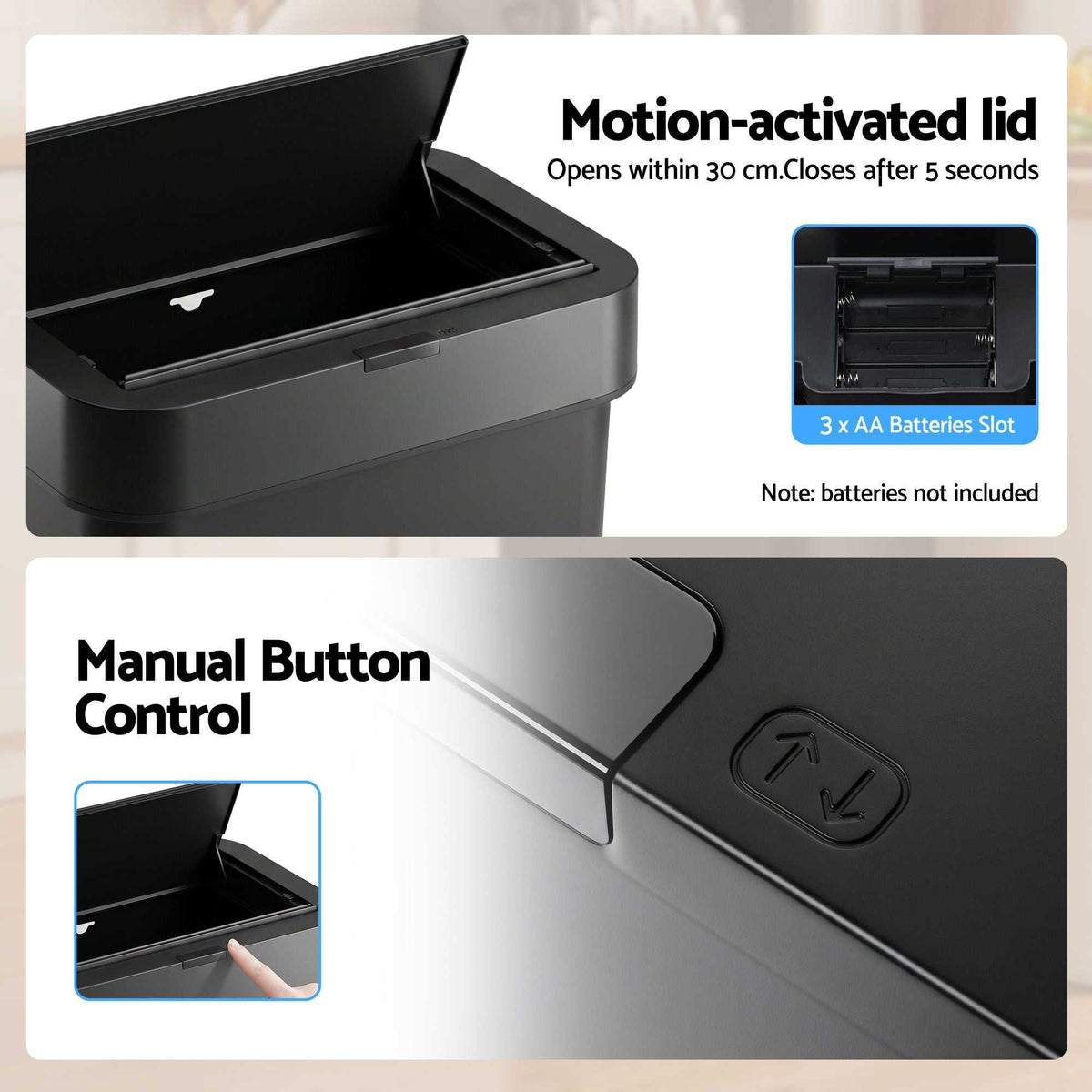 sensor rubbish bin with a black plastic body, open motion-activated lid and manual control buttons