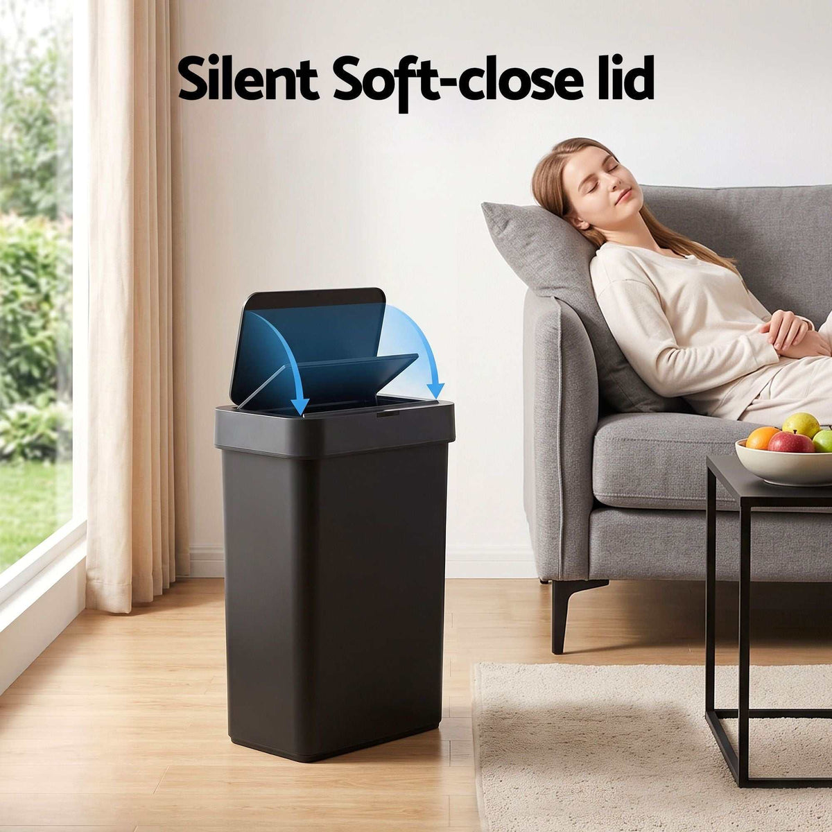 Sensor rubbish bin with a black rectangular plastic body and a soft-close lid shown opening quietly