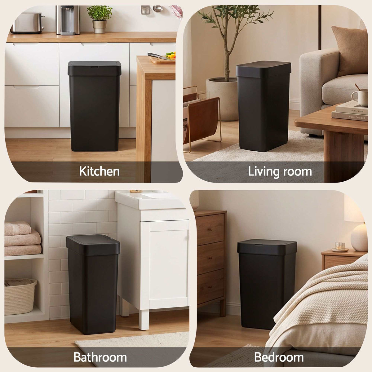 sensor rubbish bin in black PP plastic with a slim rectangular body and flat lid, shown in four rooms