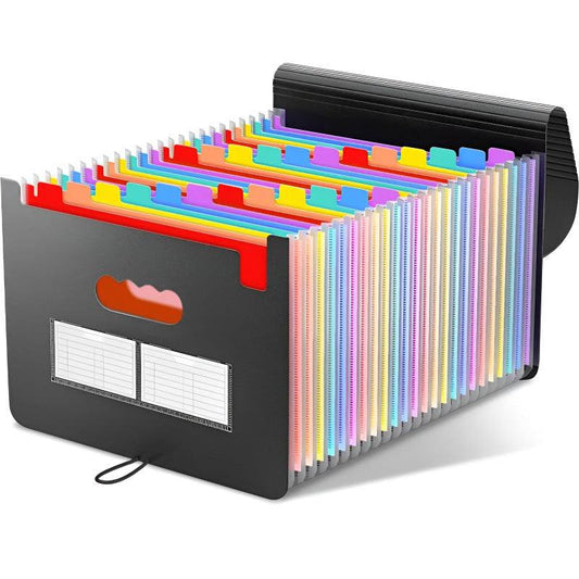 A4 Expanding File Folder with black plastic cover, rainbow-coloured tabs and accordion pockets, plus an elastic cord closure
