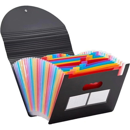 A4 Expanding File Folder in black PP plastic, opened to reveal colourful rainbow divider pockets and a front label slot