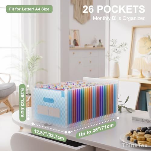 Accordion File Organizer with 26 expandable pockets, pastel blue patterned cover and bright multicoloured A–Z tabs