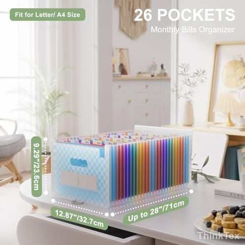 Accordion File Organizer in a light blue patterned shell with 26 rainbow A–Z tabs and expanding pockets