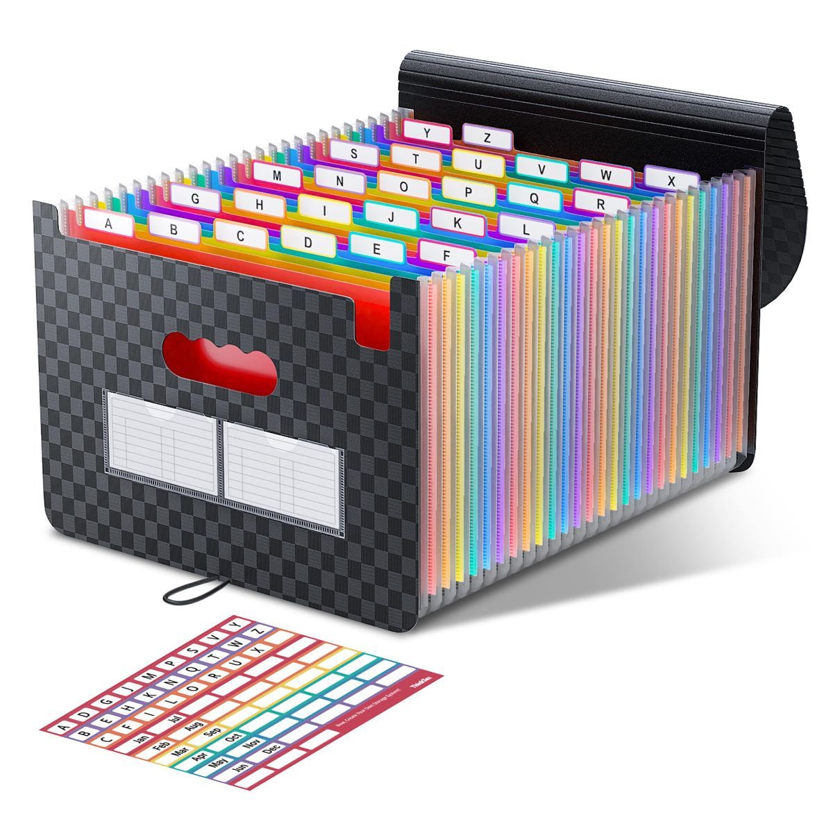 Accordion File Organizer in black PP plastic with an expanding accordion body and bright multicolour A–Z tabs