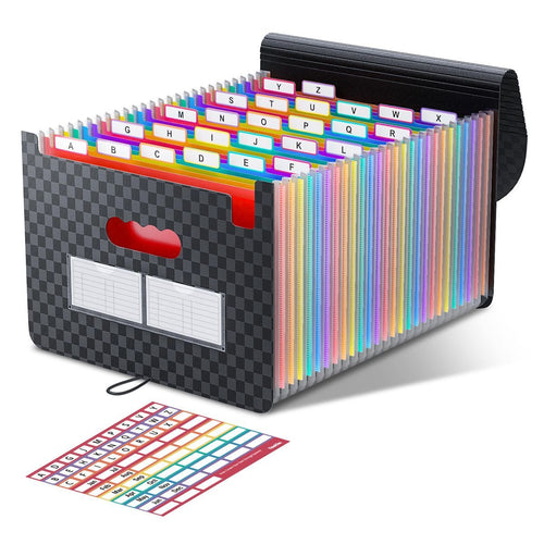 Accordion File Organizer in black PP plastic with an expanding accordion body and bright multicolour A–Z tabs