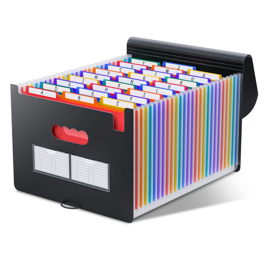 Accordion File Organizer with a black plastic case and expanded multicolour pockets, featuring A–Z index tabs and a carry handle