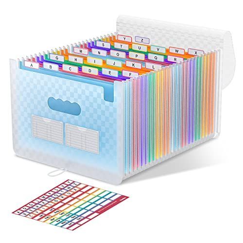 Accordion File Organizer with translucent pale blue plastic cover, colorful expanding pockets and A–Z index tabs