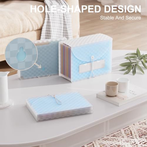 Accordion File Organizer in light blue patterned plastic with expanding pockets, snap closure, and reinforced hole-shaped handle