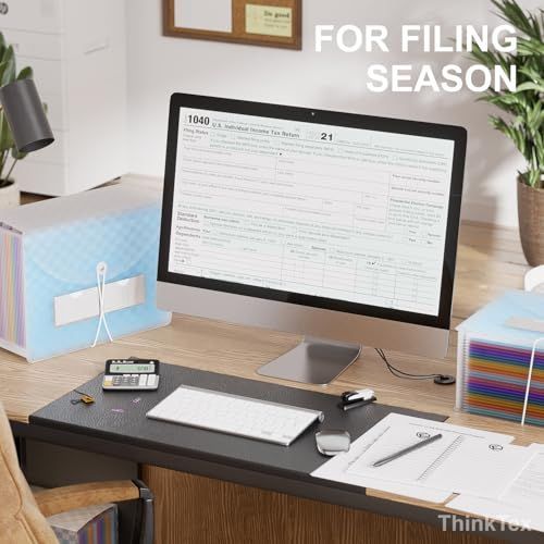 Accordion File Organizer in pale blue plastic with an expandable body and blank white front label beside a desk