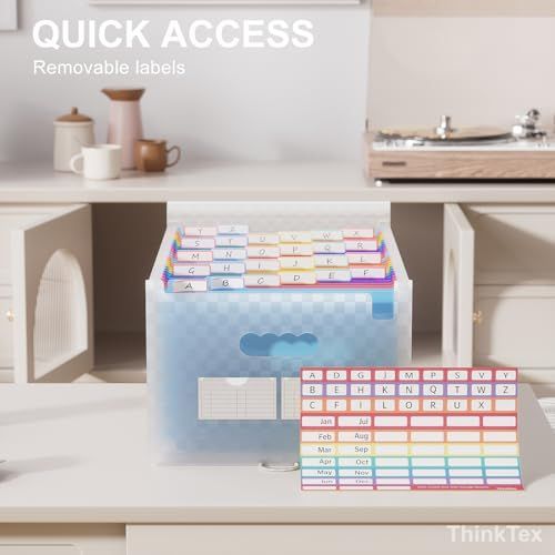 Accordion File Organizer in translucent blue plastic with removable multicolour alphabetical tabs and label cards