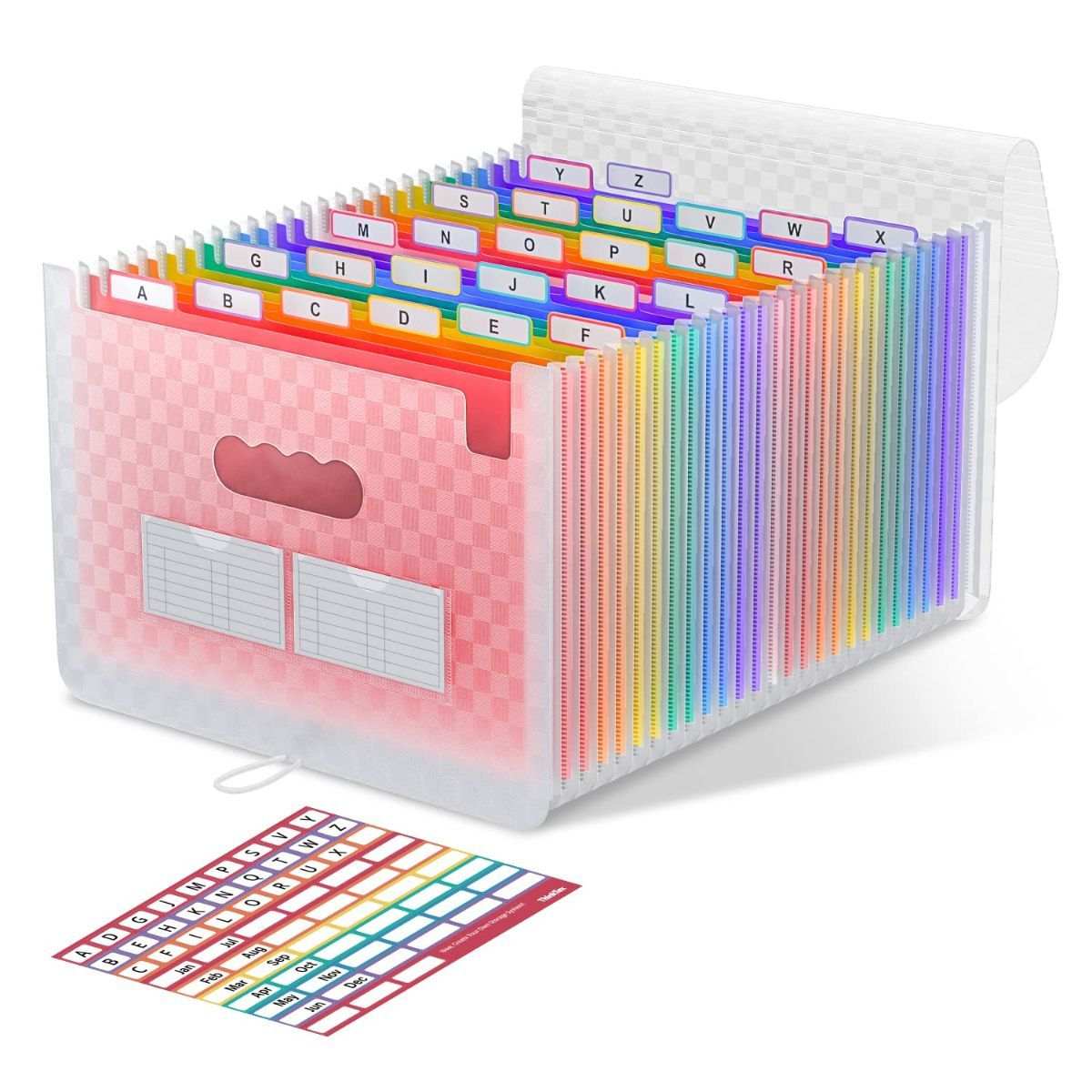Accordion File Organizer in translucent white plastic with 26 rainbow-coloured A–Z tabs and a pink front pocket