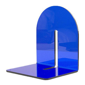 Acrylic Book End in translucent blue glossy acrylic with a thick L-shaped base and rounded upright panel